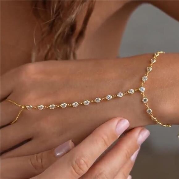 Gold Hand Chain Bracelet | Ring Bracelet Jewelry | Elegant Gift for Her - Picture 3 of 5